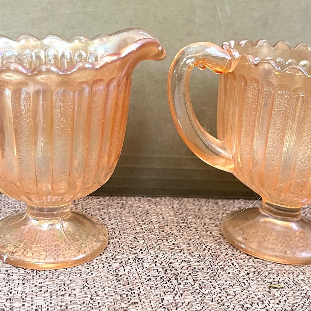 Vintage Fenton Stippled Rays Marigold Carnival Glass Creamer & Sugar Bowl Set